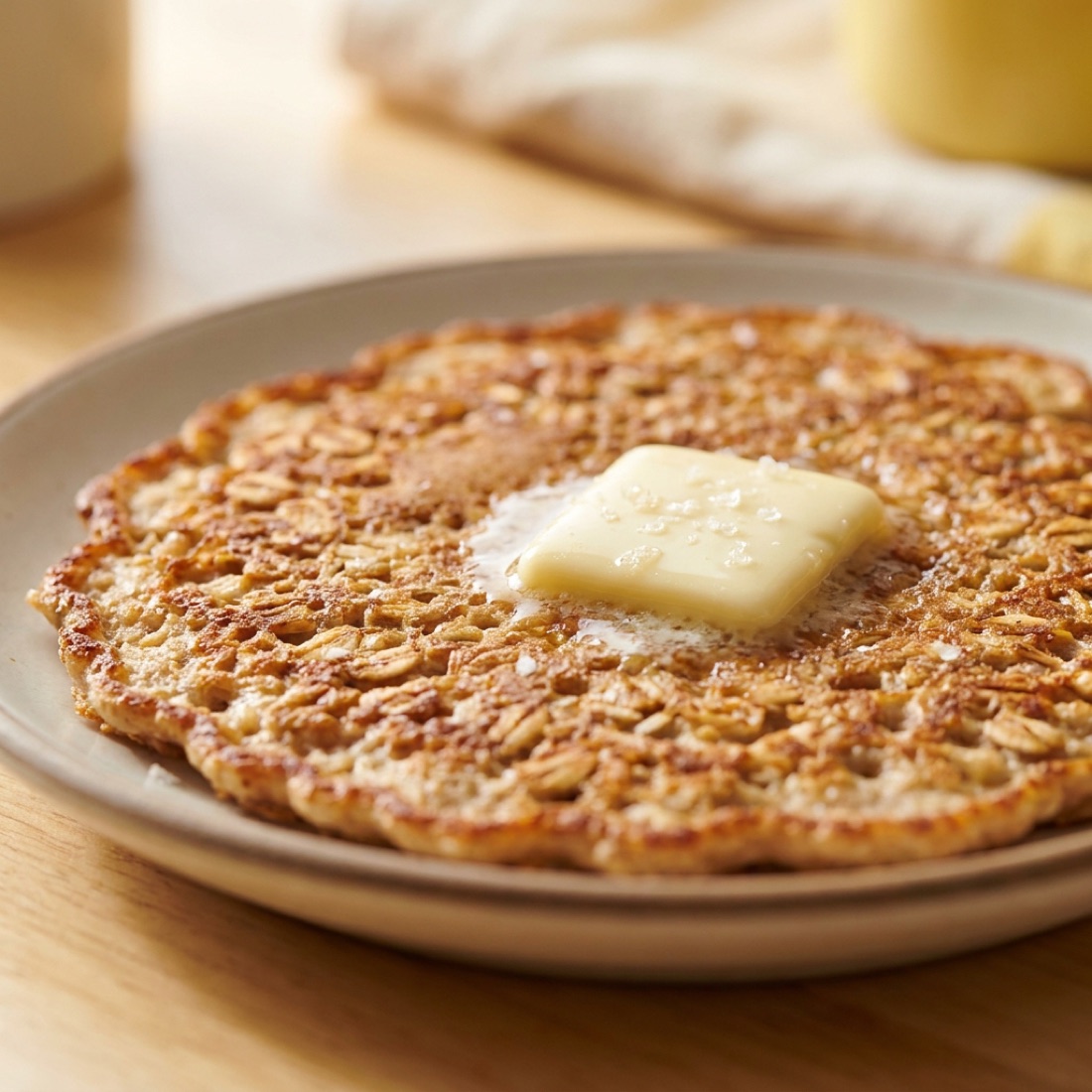 Macro close-up of an oatmeal griddle cake with lacy golden edges and a square of half-melted cinnamon butter