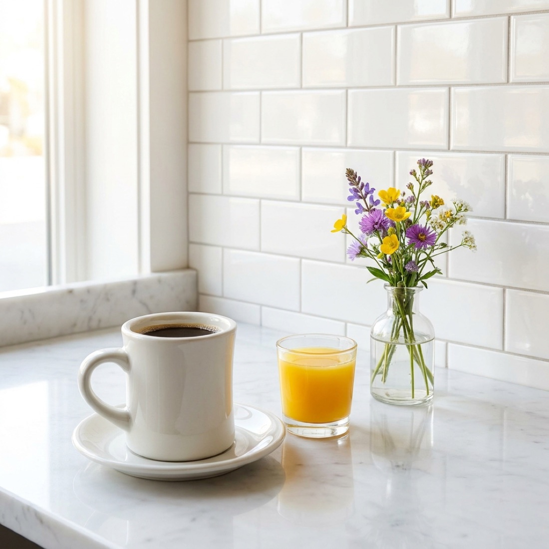 Diner coffee mug and fresh orange juice on a marble counter