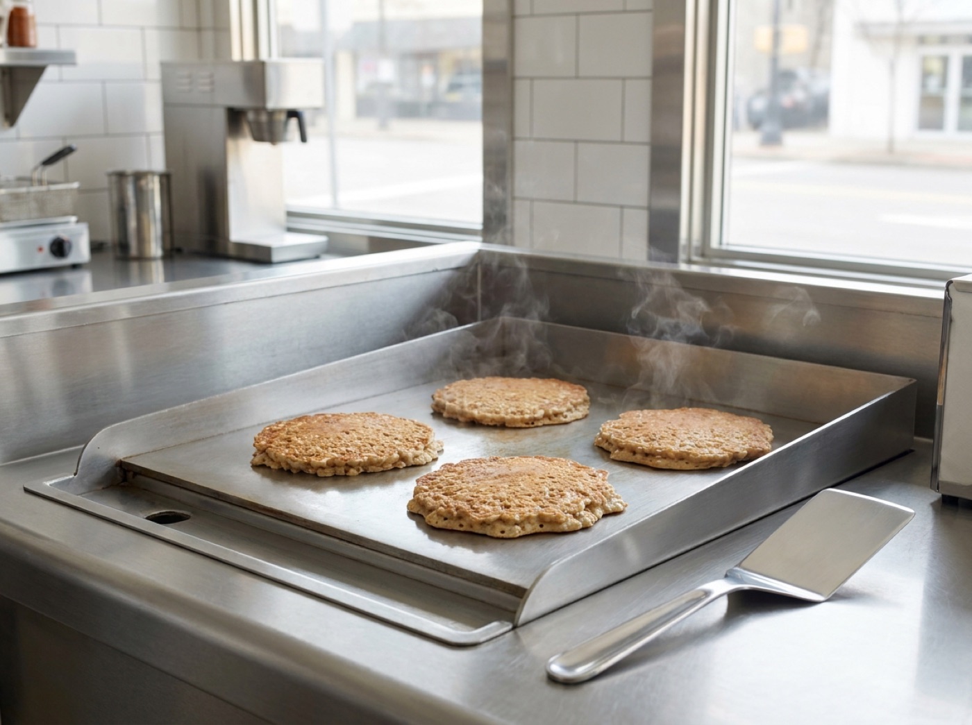 Oatmeal griddle cakes bubbling on a seasoned flat-top griddle in morning light