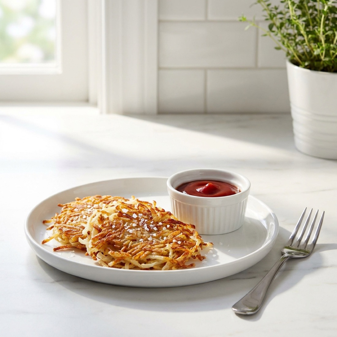 Crispy hash browns in a cast iron skillet