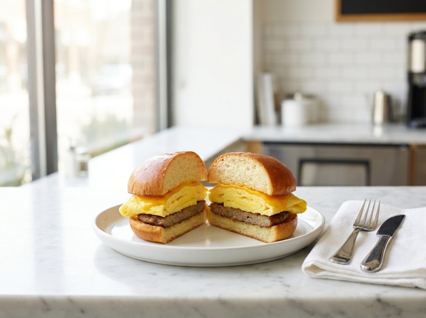 Breakfast sandwich with folded egg and melted cheddar on a brioche bun