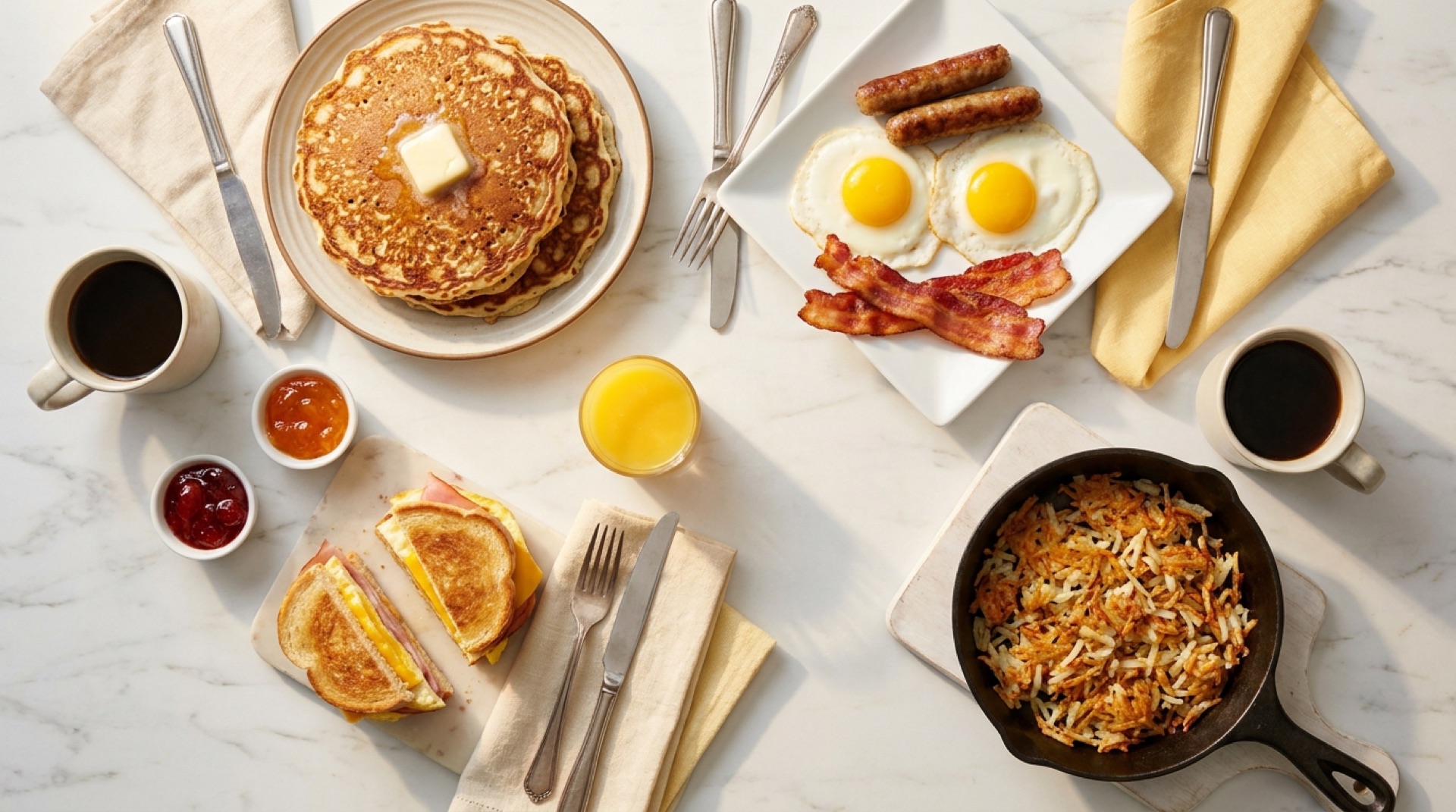 Breakfast spread of griddle cakes, eggs, sandwich and hash browns
