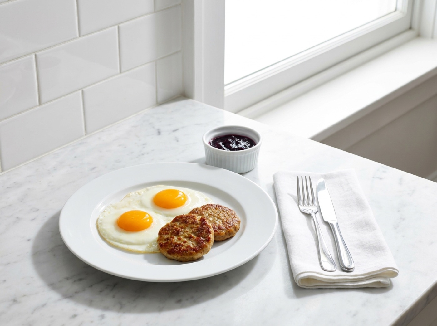 Two sunny eggs with sausage patties and bacon on a diner plate